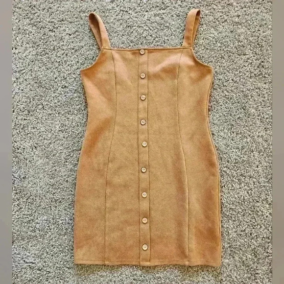 Sleeveless Suede-Look Polyester & Elastin Tan Jumper Dress, Size Medium - Picture 1 of 5